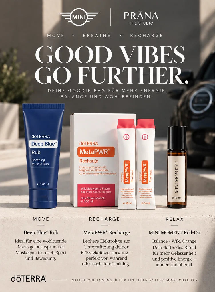 Flyer aus der Goodie Bag: Good Vibes Go Further mit Deep Blue Rub, MetaPWR Recharge und dem MINI MOMENT Roll-On